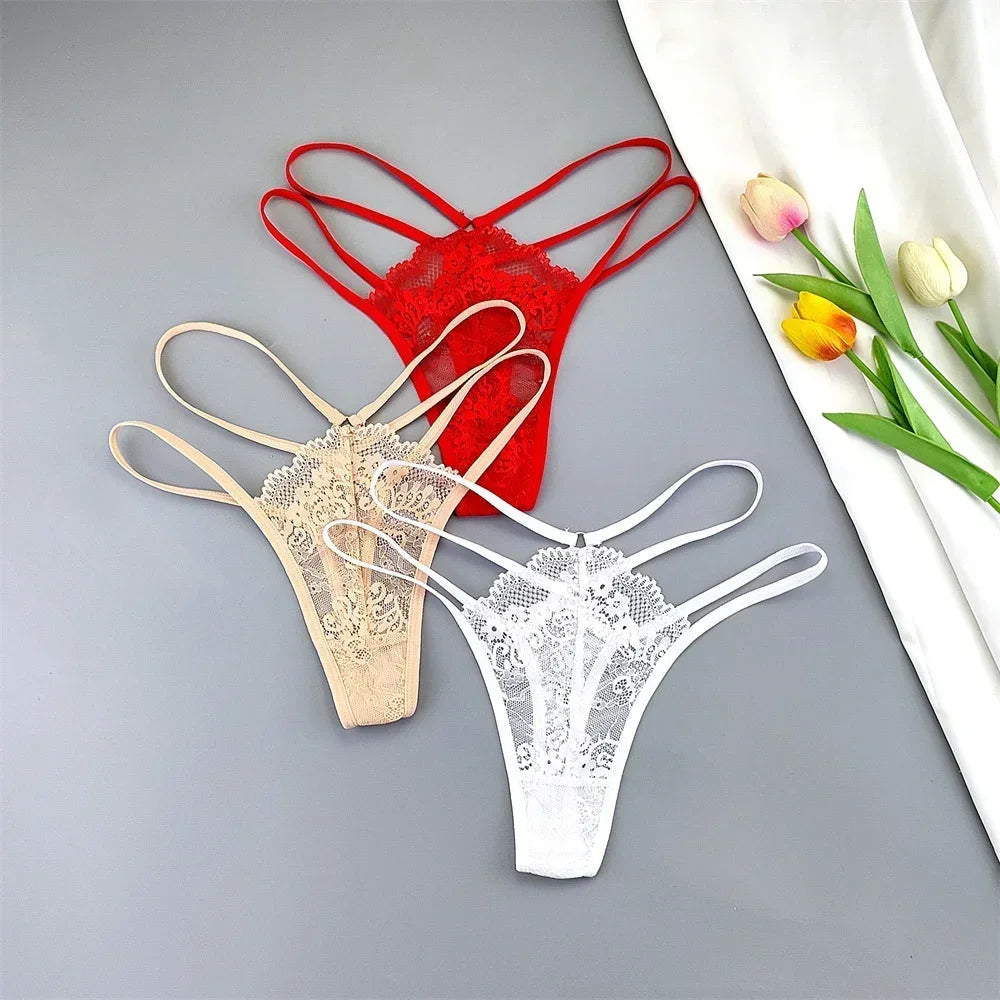 3-Pack Lace Peekaboo G-Strings โ Strappy, Sheer, & Seductive T-Back Thongs
