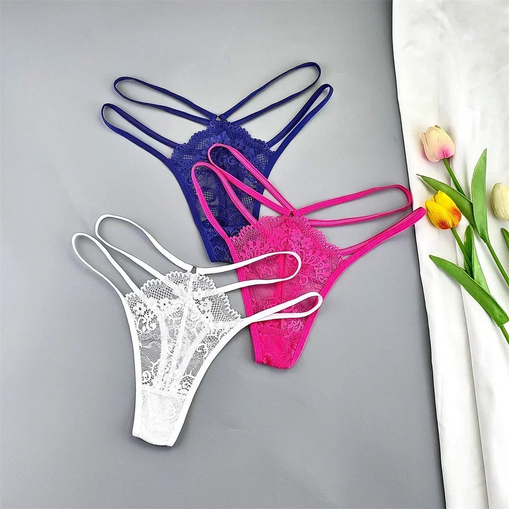 3-Pack Lace Peekaboo G-Strings โ Strappy, Sheer, & Seductive T-Back Thongs
