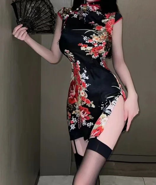 Sexy Floral Cheongsam Mini Dress