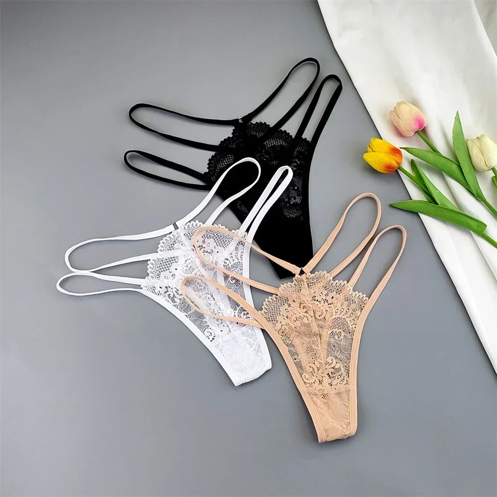 3-Pack Lace Peekaboo G-Strings โ Strappy, Sheer, & Seductive T-Back Thongs