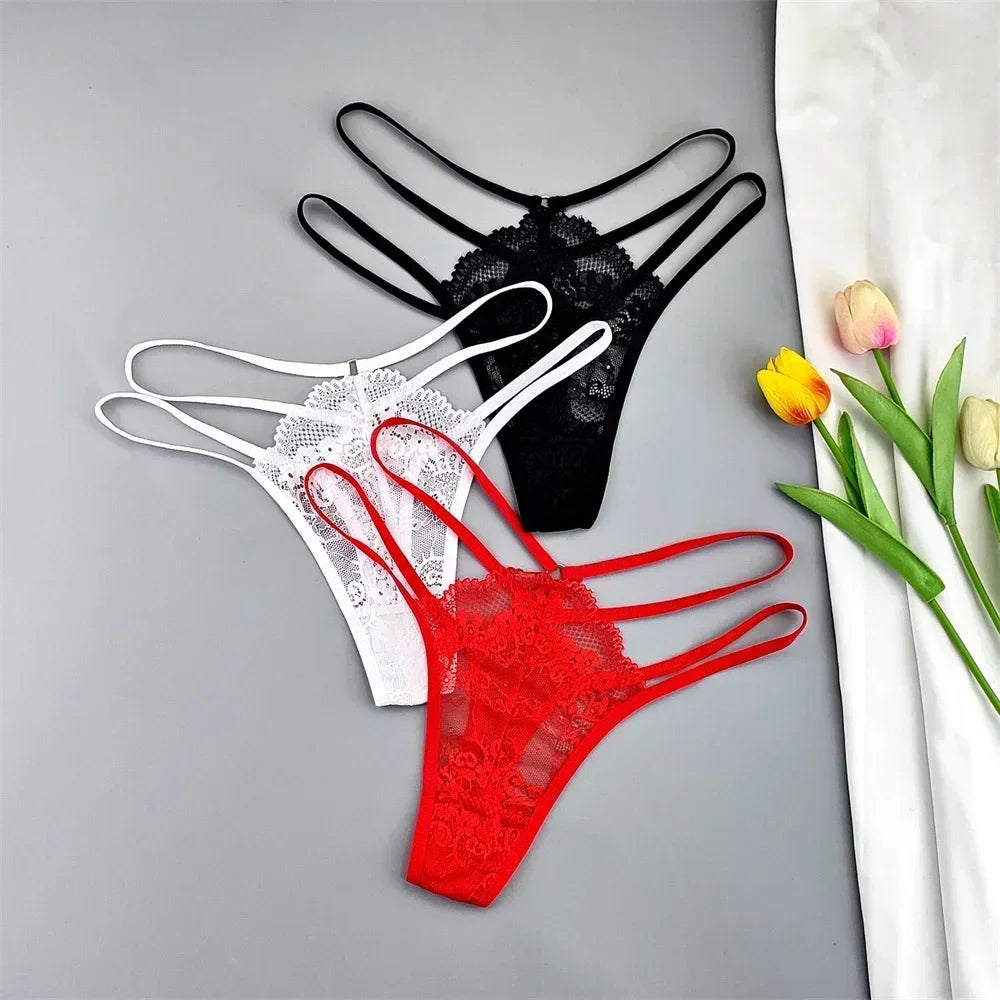 3-Pack Lace Peekaboo G-Strings โ Strappy, Sheer, & Seductive T-Back Thongs
