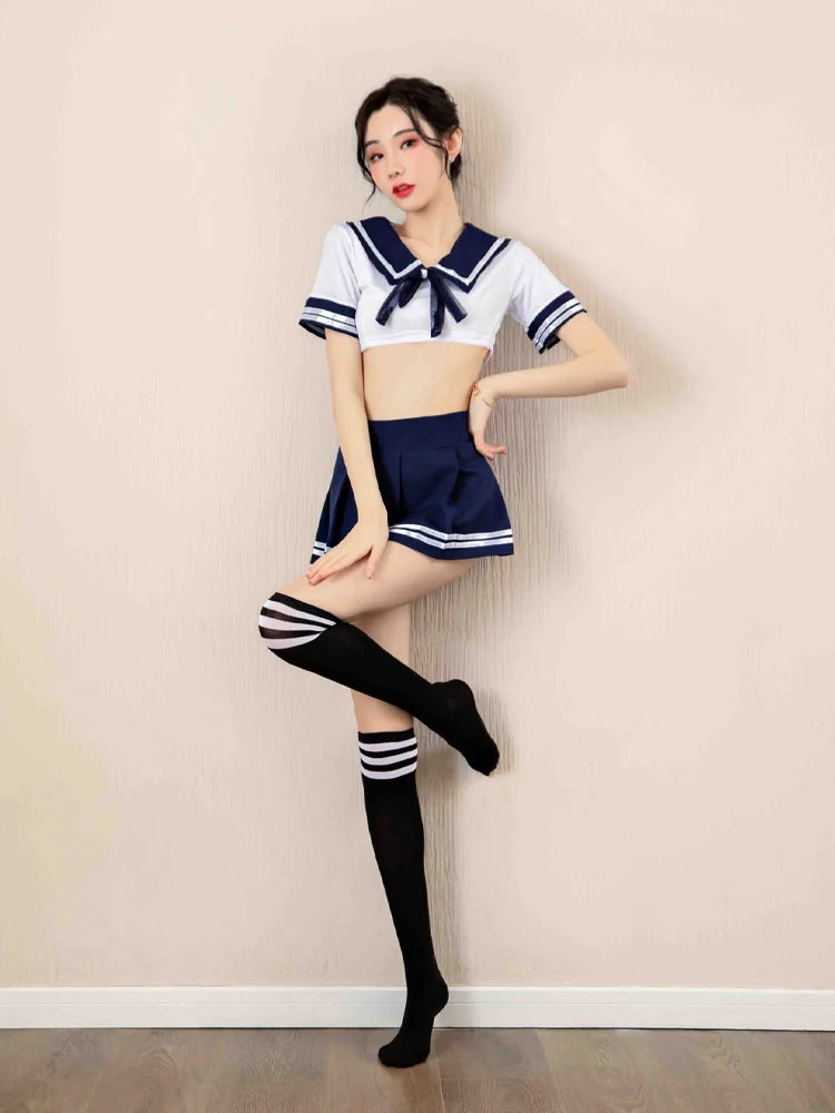 Japanese Sailor Schoolgirl Cosplay Set – Cropped Top & Pleated Mini Skirt