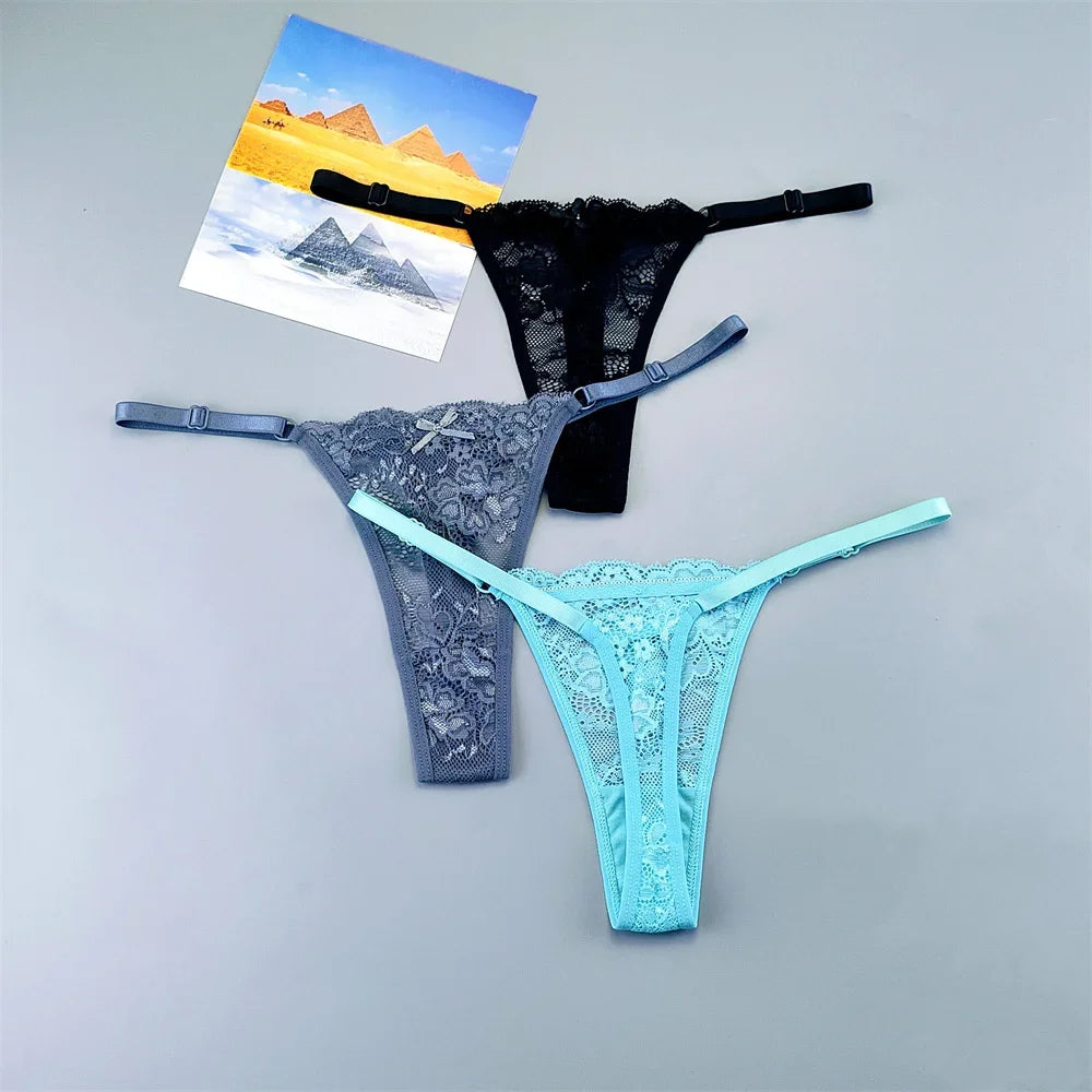 3PCS Lace Thong Set – Sheer, Strappy & Seductive