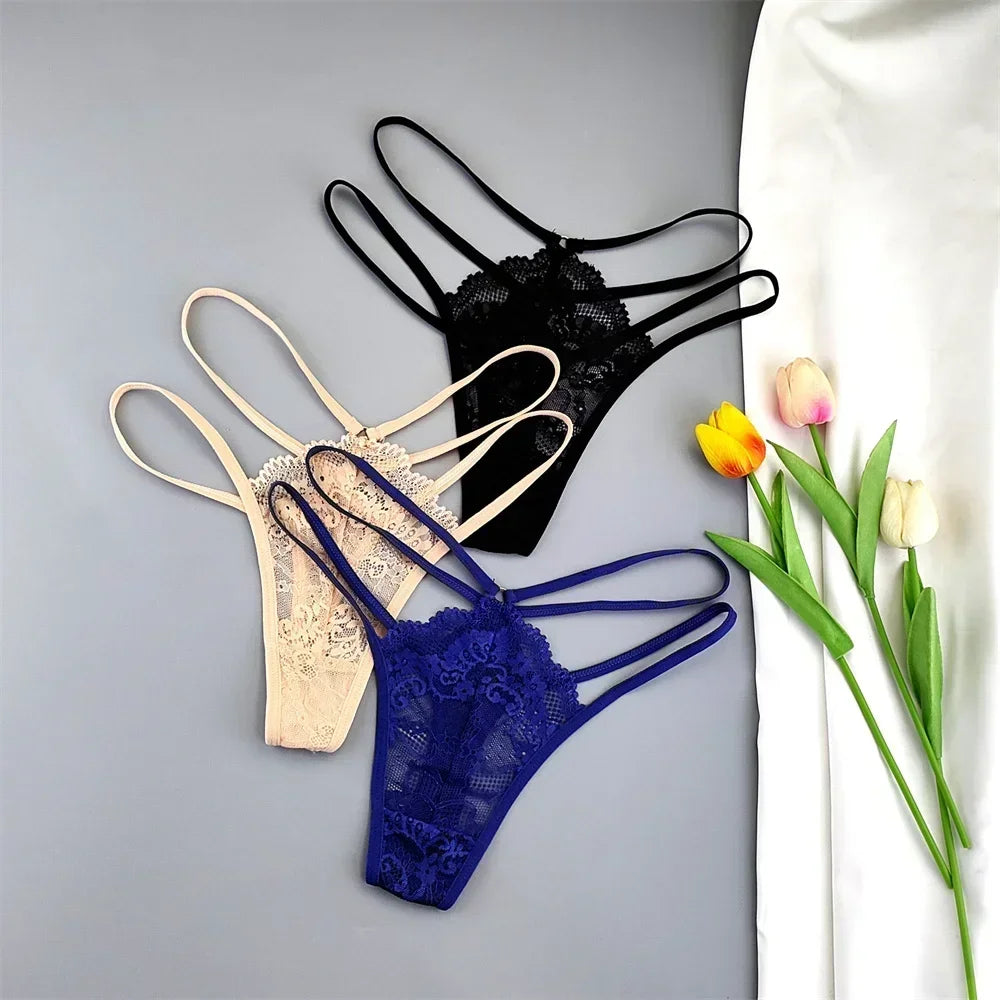 3-Pack Lace Peekaboo G-Strings – Strappy, Sheer, & Seductive T-Back Thongs
