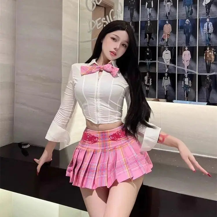Y2K Plaid Pleated Mini Skirt – Contrast Color A-Line