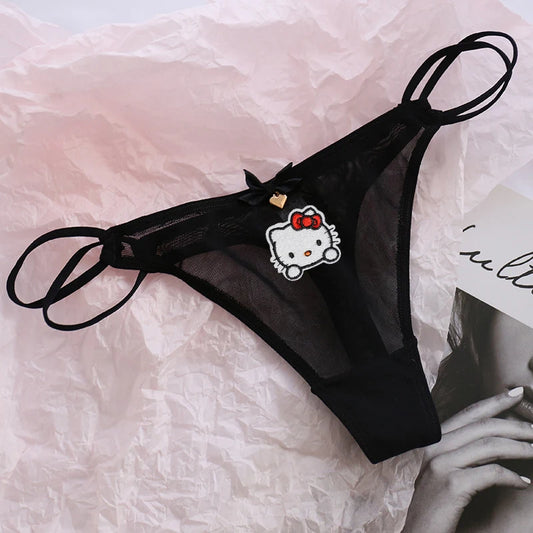 Y2K Black Mesh Hello Kitty Thong – Kawaii Low Rise Anime Panties
