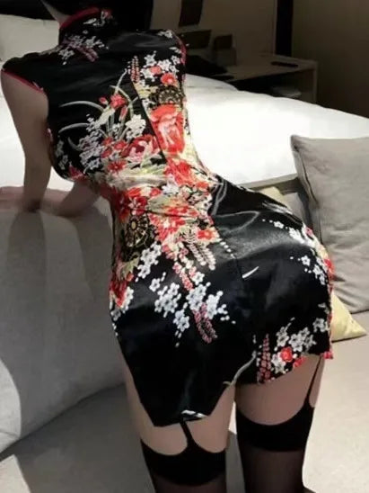 Sexy Floral Cheongsam Mini Dress