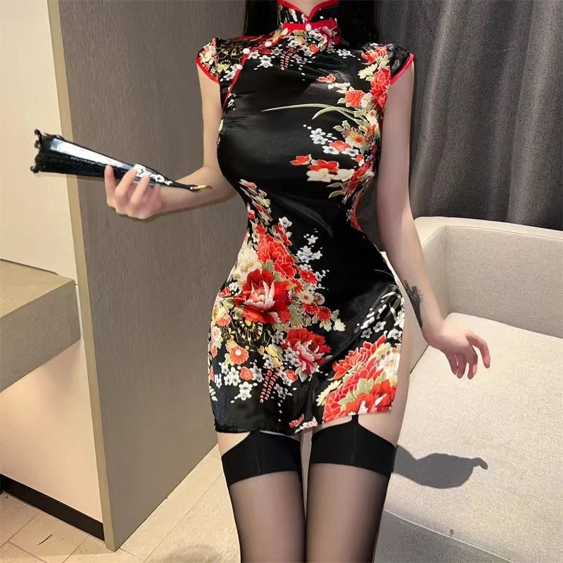 Sexy Floral Cheongsam Mini Dress