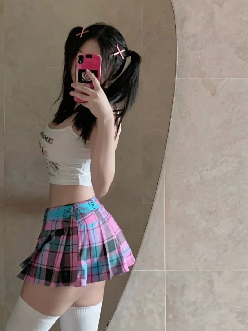 Y2K Plaid Pleated Mini Skirt – Contrast Color A-Line