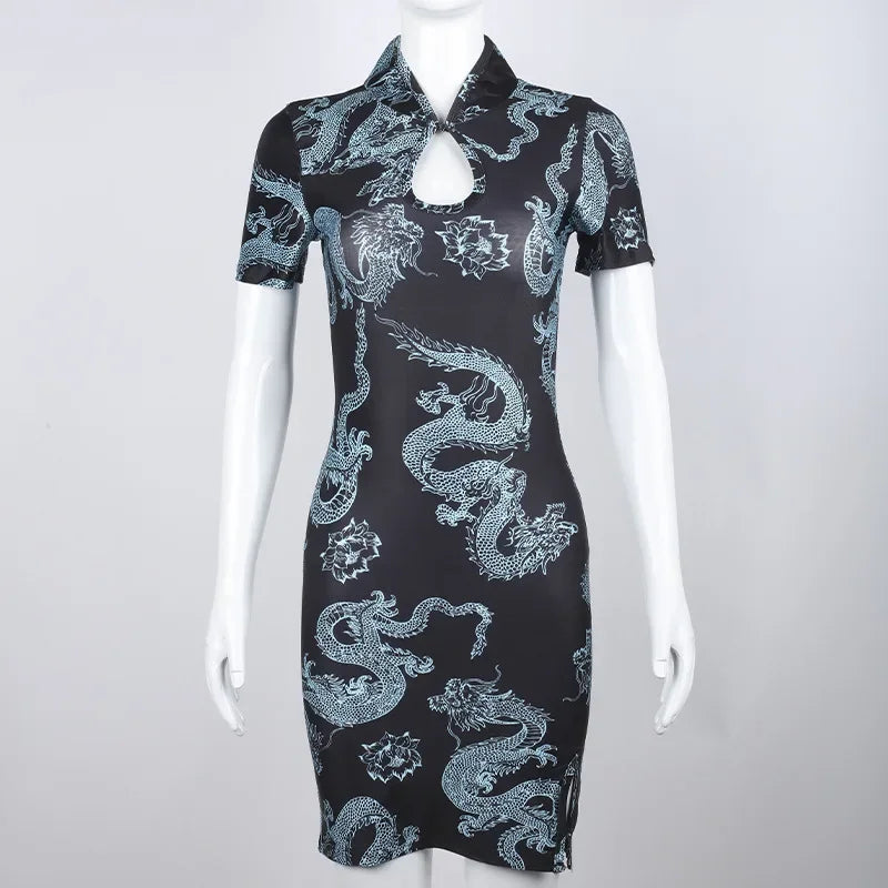 Sexy Dragon Print Cheongsam Dress