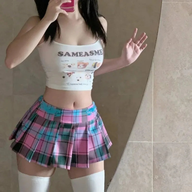 Y2K Plaid Pleated Mini Skirt – Contrast Color A-Line