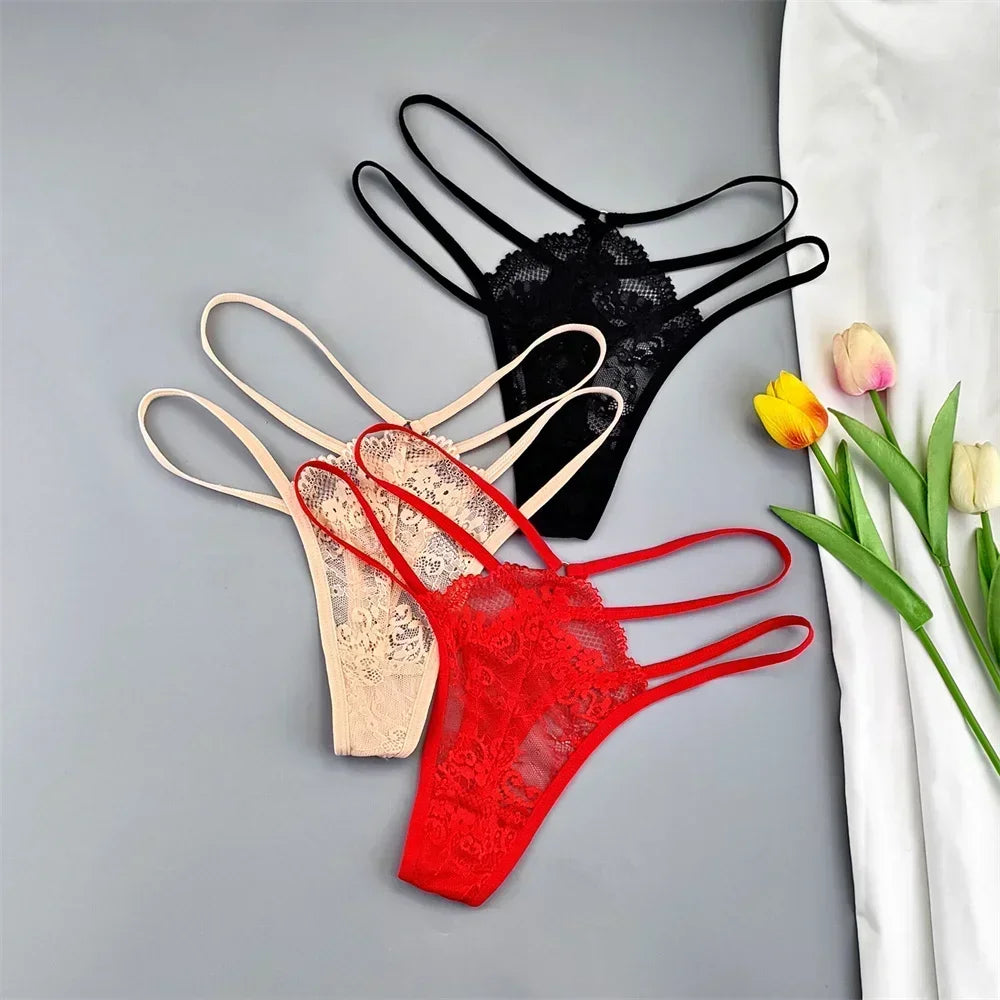 3-Pack Lace Peekaboo G-Strings – Strappy, Sheer, & Seductive T-Back Thongs