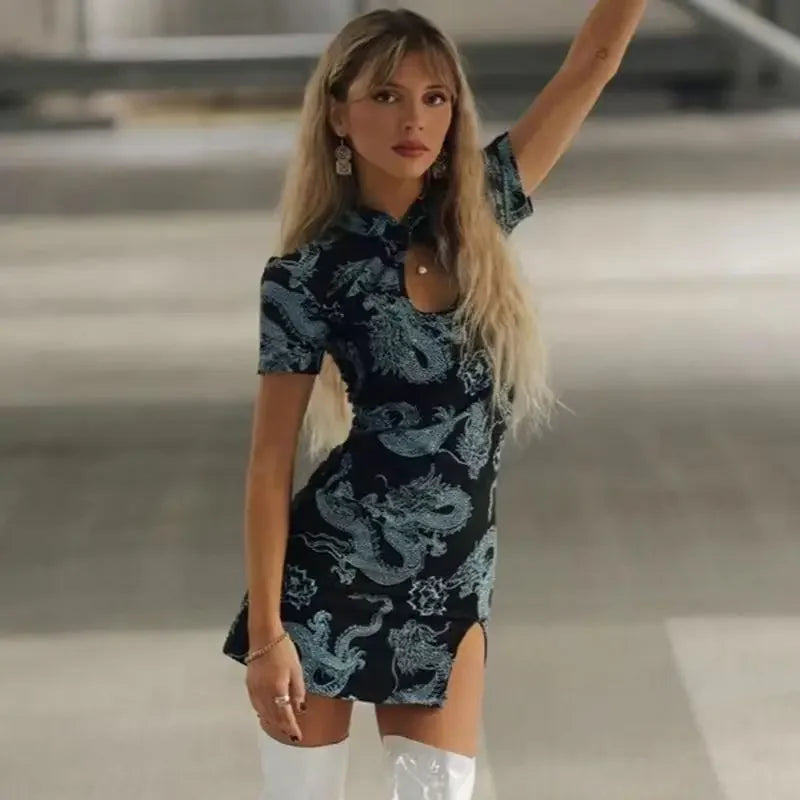 Sexy Dragon Print Cheongsam Dress